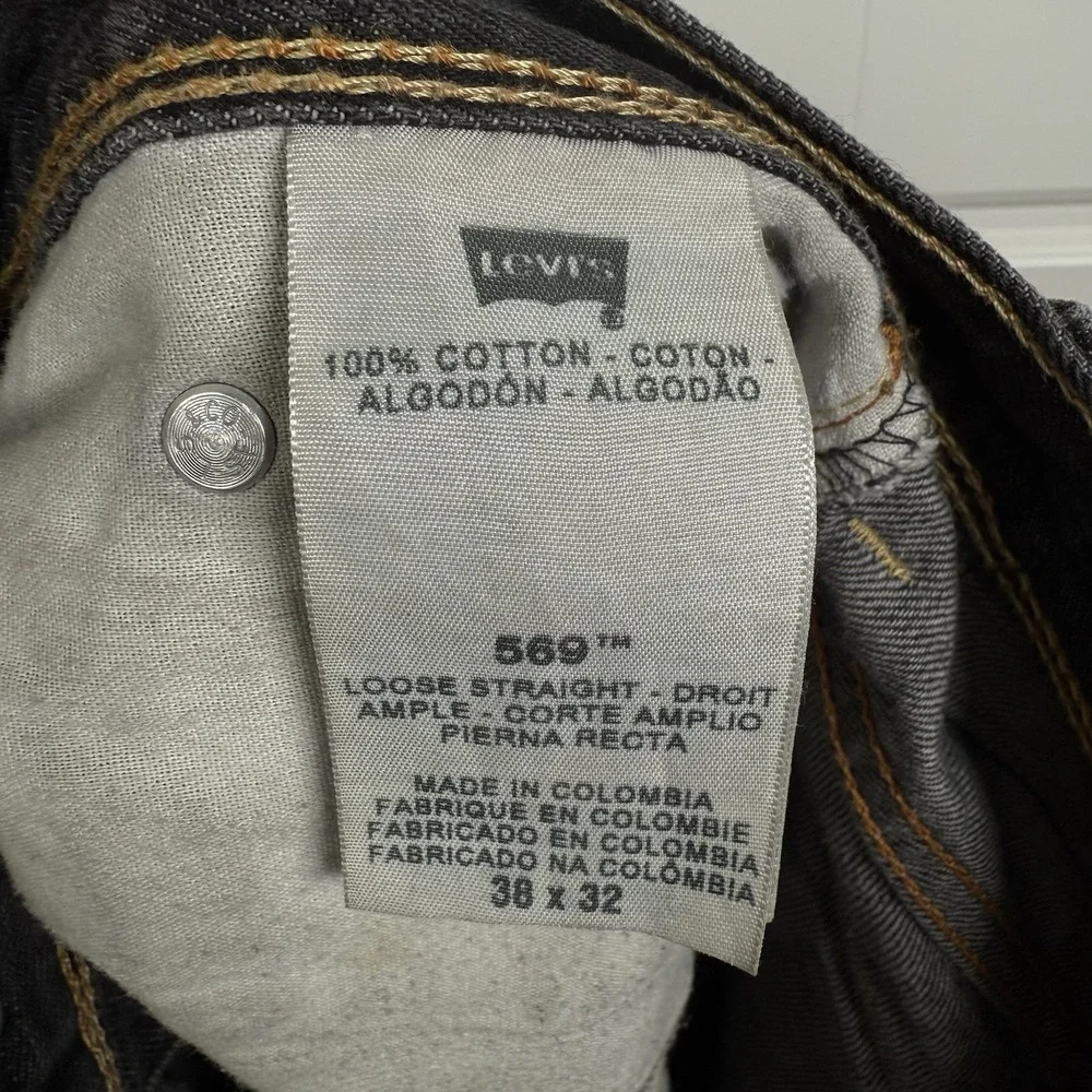Levis 569 Baggy Jeans 38/32 (39/29.5) Black Washed Grunge Wide Y2K Flap Pocket